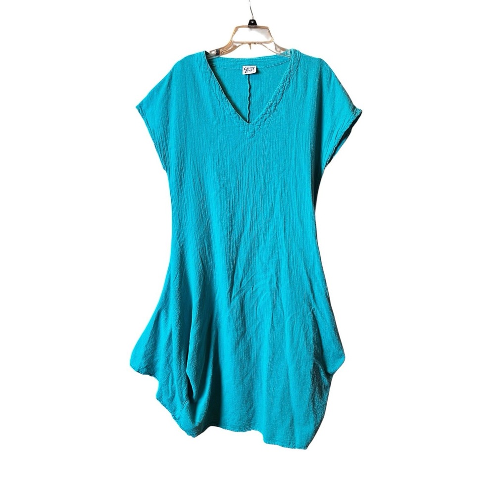 Oh My Gauze Natalie Dress 1 S/M Turquoise Blue Ballon Pleated Midi Lagenlook